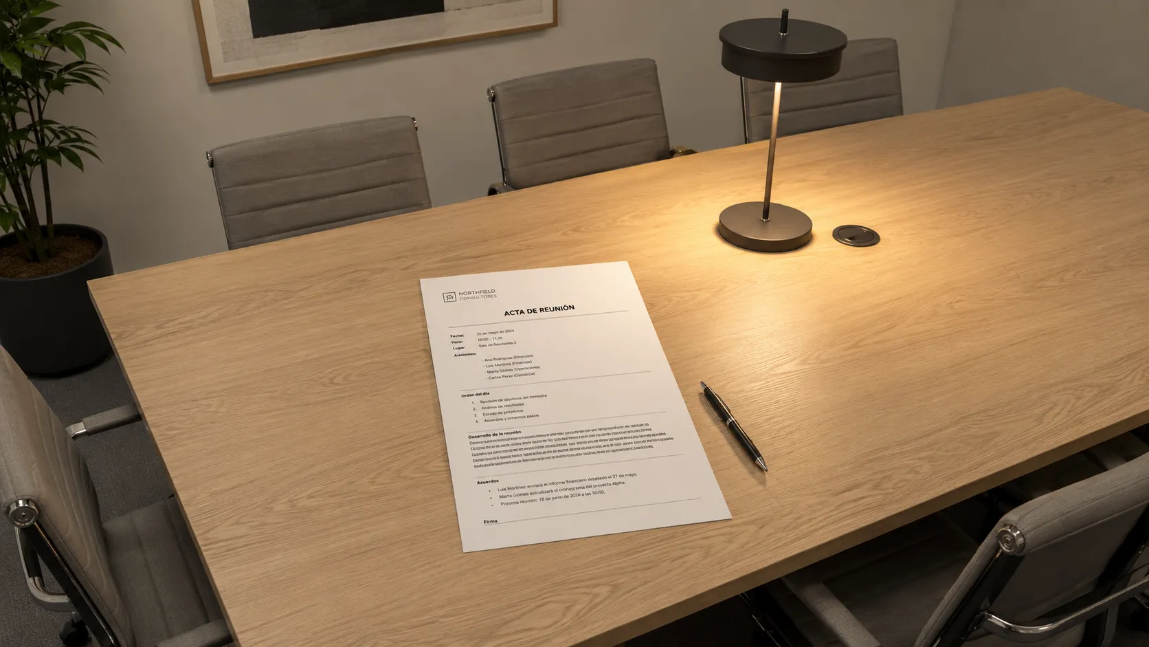 Acta y bolígrafo sobre una mesa de reuniones