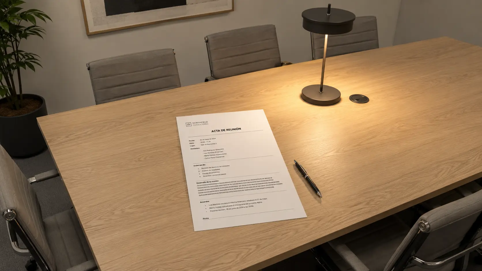 Acta y bolígrafo sobre una mesa de reuniones