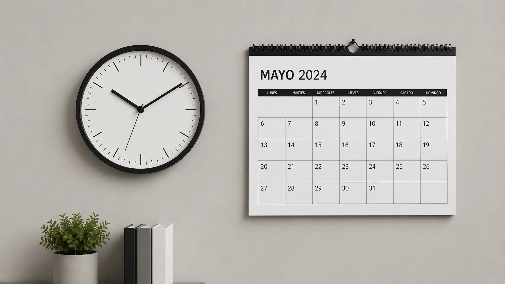 Reloj y calendario en pared de oficina