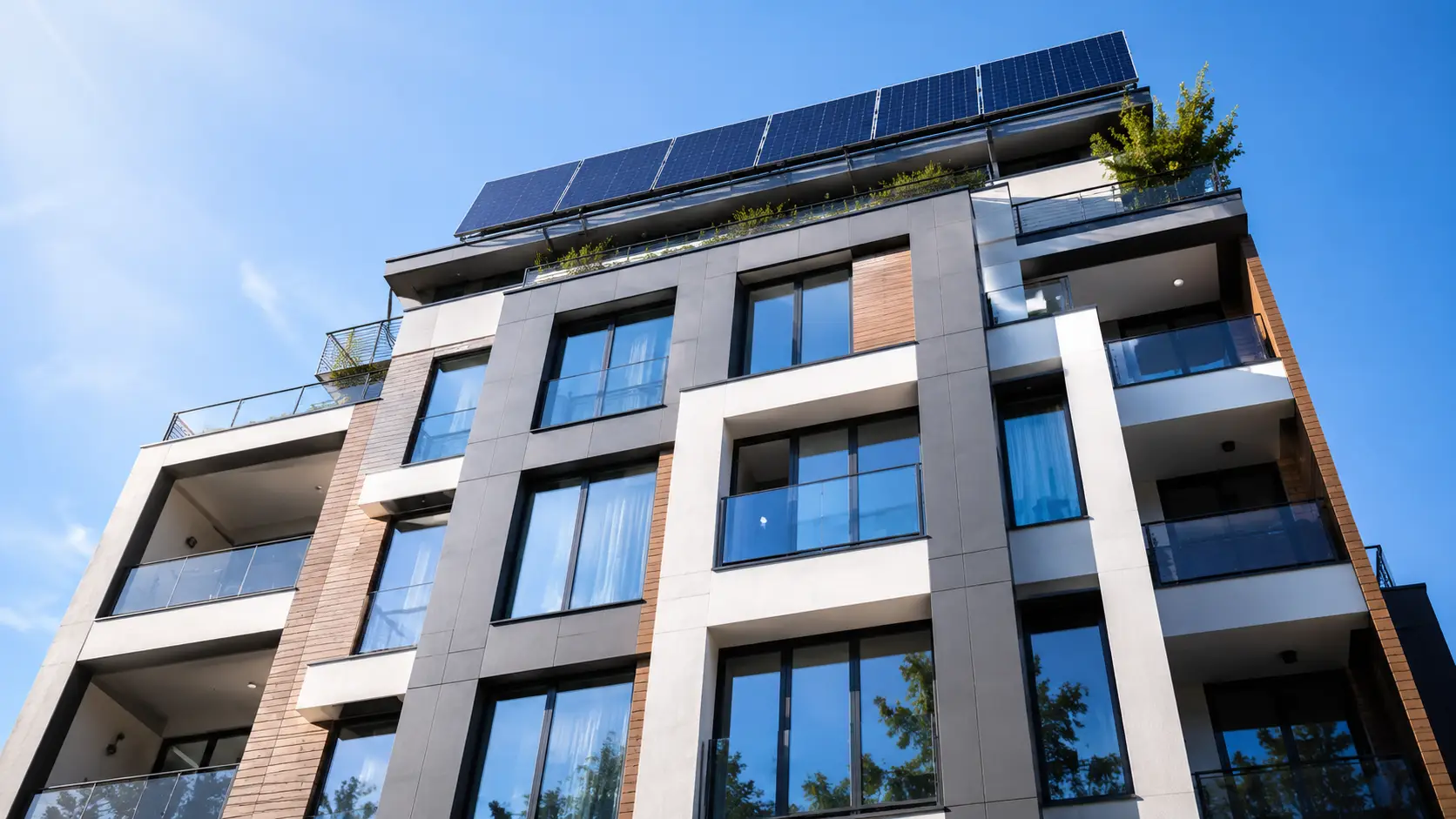 Edificio residencial con paneles solares en cubierta