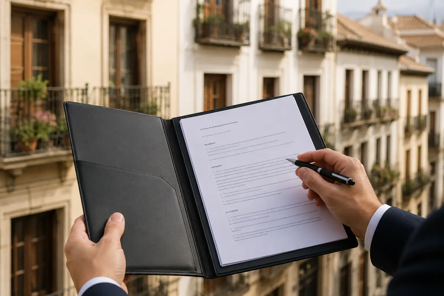 Manos con carpeta frente a balcones granadinos