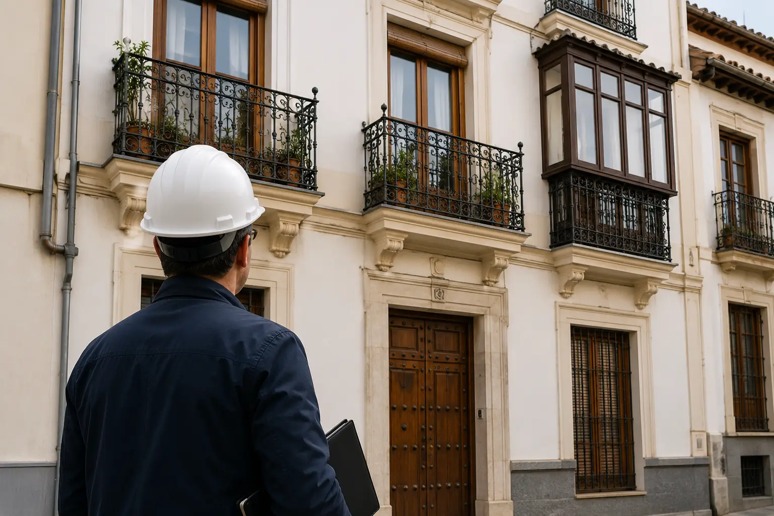 Técnico inspeccionando la fachada de un edificio granadino