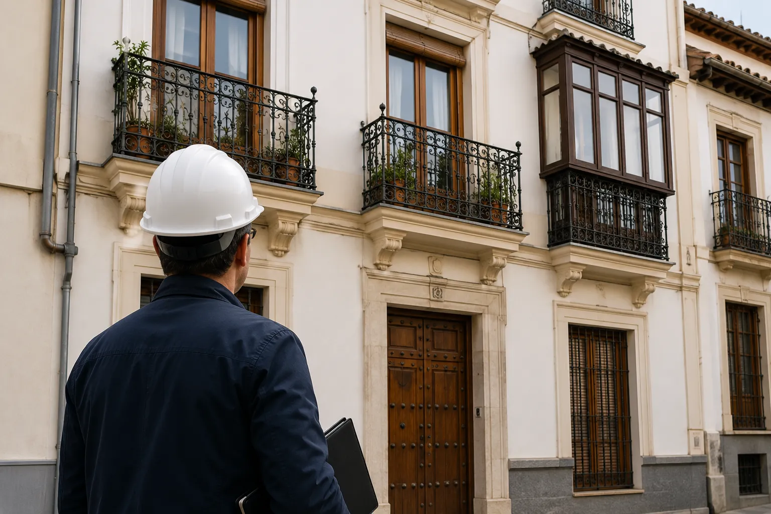 Técnico inspeccionando la fachada de un edificio granadino