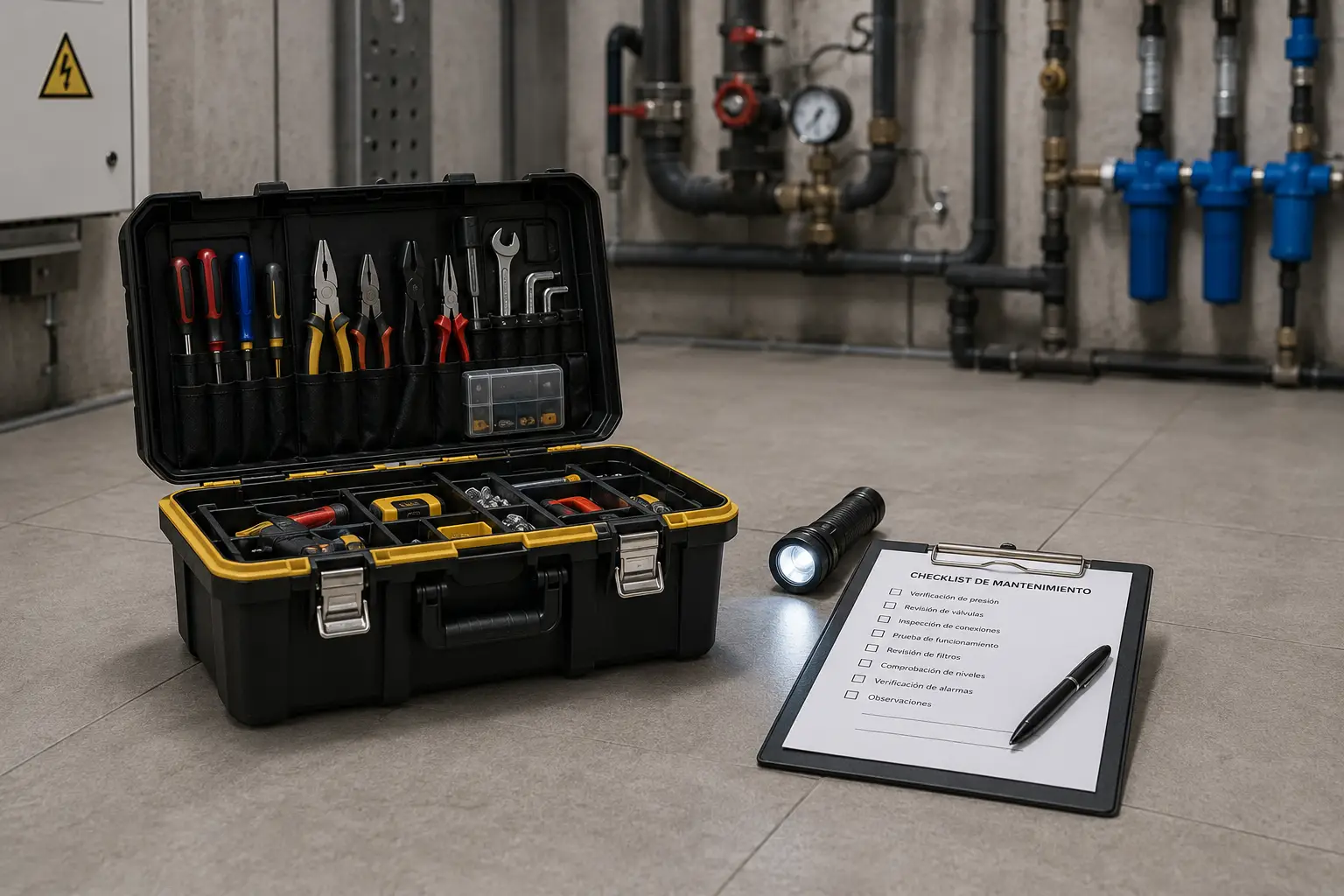 Caja de herramientas y checklist en cuarto de instalaciones