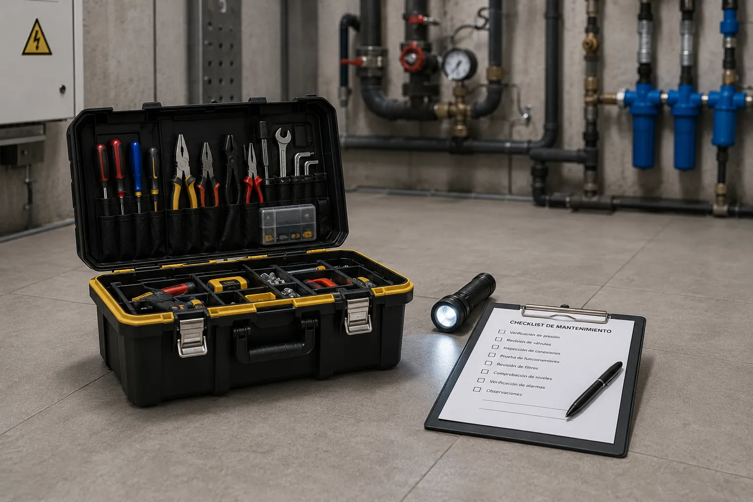 Caja de herramientas y checklist en cuarto de instalaciones