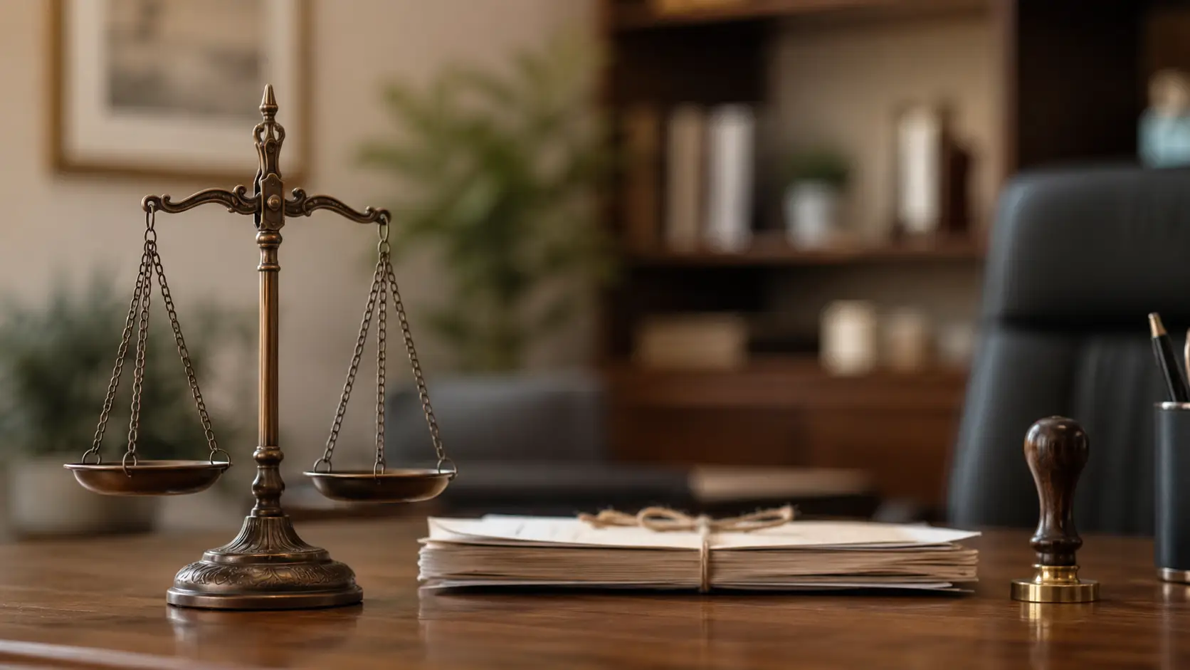 Balanza de la justicia sobre escritorio con documento